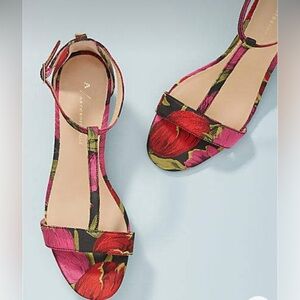Anthropologie T Strap Floral Block Heel Sz 9'